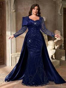 Aureia Vestido largo de satén de sirena con cuello de corazón, manga larga, pecho transparente, drapeado, lujoso bordado de parches y bajo con volantes (diseño muy adornado) para tallas grandes - Azul Marino - Ver 1