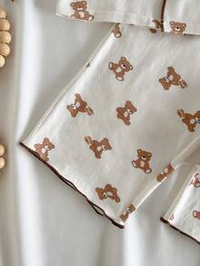 Loomiva Conjunto de 2 piezas de cardigan de punto suave con cuello y pantalones de cintura elástica con estampado de oso de dibujos animados para bebé niño - Caqui - Ver 3
