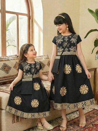 少女传统阿拉伯连衣裙，中东奢华优雅黑色连衣裙，饰以金色箔片图案、刺绣装饰和奢华金色蕾丝边短袖，适合传统节日、特殊场合、摄影等，可搭配斜挎包