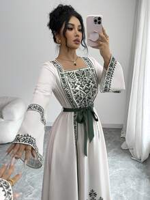 Yasmyna Women's Elegant Square Collar Flare Sleeve Cinched Waist Vintage Dress - Multicolor - View 3