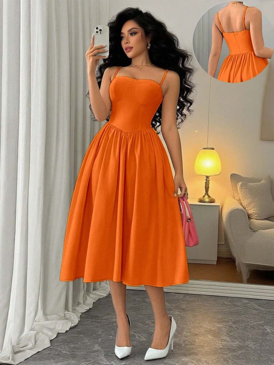 Rafferiza Women's Elegant Burnt Orange Midi Dress,Summer Plain Solid Color Spaghetti Strap Flared Hem Chic Strapless Sundress For Date - Orange Ignite - View 1