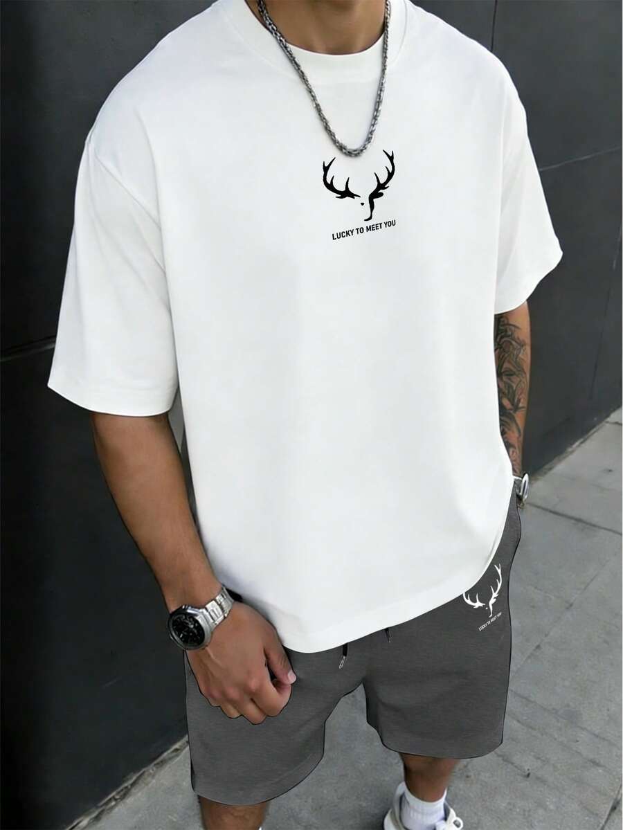 Manfinity Homme 2 件男士休闲圆领短袖 T 恤和抽绳短裤套装 - 彩色 - 查看 1