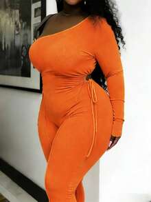 Slaydiva 春夏新款女装，秋冬女装，新款音乐节万圣节服装，女士生日礼服，日常穿着，百搭基础款，休闲款，度假款，邮轮旅行款，海滩款，日光浴款，爆款，橙色无袖长袖镂空抽绳罗纹修身街头风连体裤 - 橘色 - 查看 5