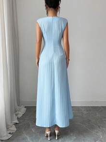 Celisse Elegant V-Neck Short Sleeve A-Line Midi Dress, Casual Waist Cinched Design For Women - Blue - View 2