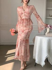 DAZY Damen elegantes 2-teiliges Set aus Blumenprint V-Ausschnitt Bluse mit Glockenärmeln und Rock, Frühling/Sommer - Pink - Übersicht 3