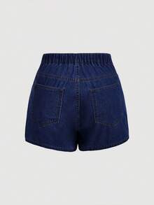 SHEIN MOD Váy quần jean nữ cỡ lớn dáng bất đối xứng với thiết kế cài nút bên hông. - Rửa tối - Xem 2