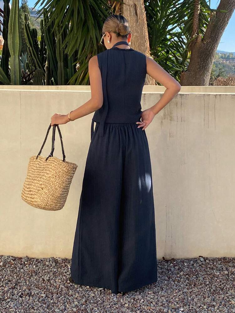 Women's Elegant Lace Patchwork Camisole And Wide Leg Pants 2 Pieces Set, Spring/Summer Vacation