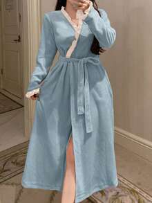DAZY Women's Plush Contrast Color Ruffle Trim Bathrobe, Winter - Blue - View 6