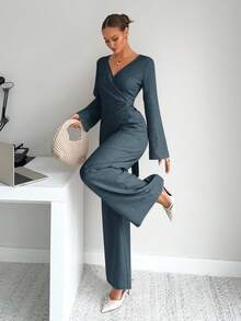Siren Gaze Elegant Dusty Blue V Neck Wrap Regular Sleeve Blouse And Full Length Plain Woven Fabric Pants Two-Piece Outfit For Women - Dusty Blue - View 4
