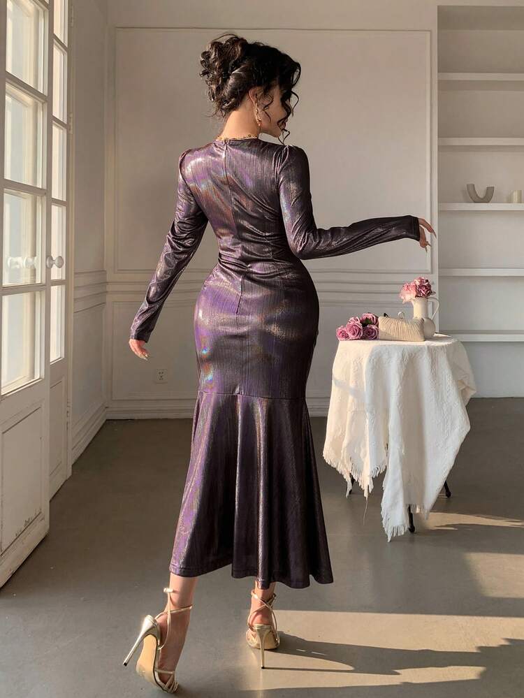 Women's Elegant Solid Color Glossy Pleated Ruffle Hem Dress, Spring/Summer Wedding Guest Dress Sundress