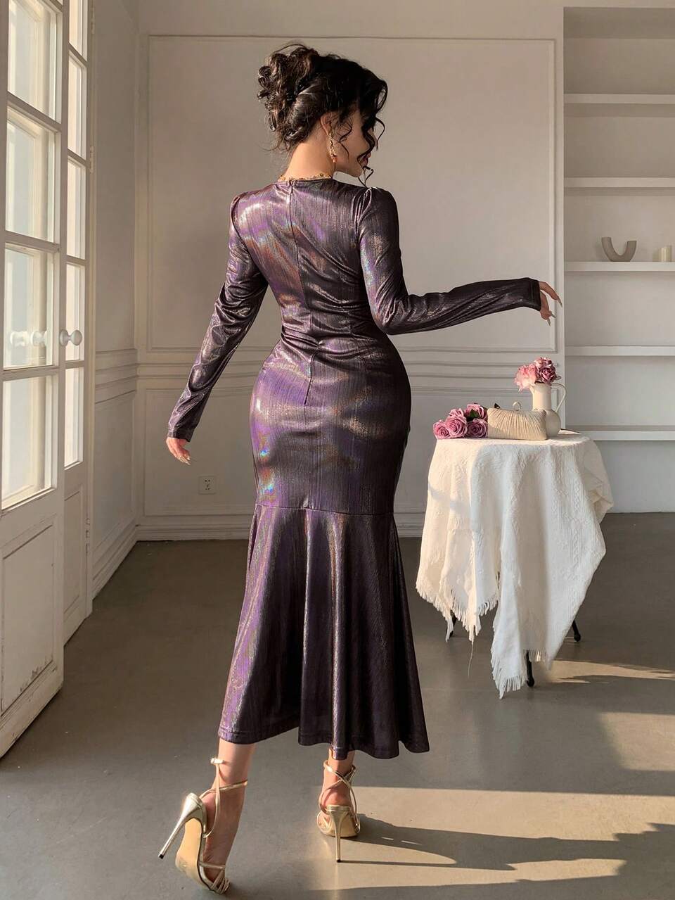 Women's Elegant Solid Color Glossy Pleated Ruffle Hem Dress, Spring/Summer Wedding Guest Dress Sundress