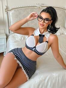 Fantasy Costume 两件套OL角色扮演服装 - 网纱拼接迷你裙+内衣+领带，性感个性化女装 - 黑與白 - 查看 3