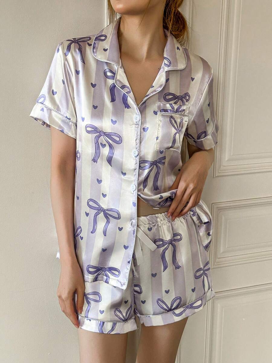 SHEIN Bộ đồ ngủ nữ 2 món gồm áo ngắn tay và quần đùi, họa tiết sọc, thắt nơ, có túi, thích hợp cho mùa xuân/hè/thu. - Nhiều màu - Xem 1