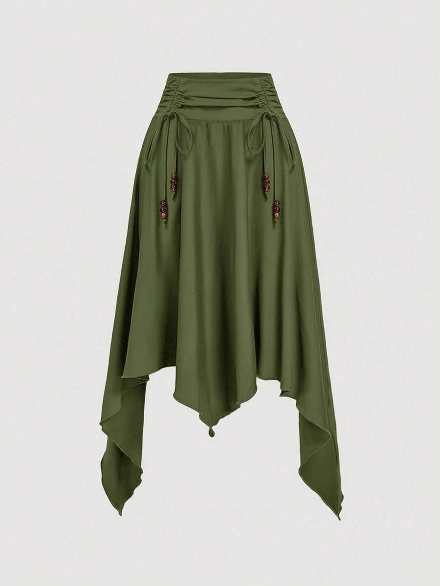 SHEIN MOD 女士休闲时尚波西米亚度假风纯色不对称下摆串珠抽绳褶皱高腰半身裙 - 軍綠色 - 查看 1