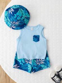 SHEIN 3件套男女宝宝休闲度假可爱热带植物印花无袖针织上衣、短裤和遮阳帽套装，春夏宝宝服装 - 藍色 - 查看 6