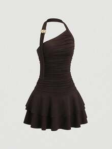 SHEIN Girlism Tween Girls Party Wear New Spiral Gold Decor Design Waist Cinching Flared Skirt Mini Dress, Party Mini Dress, Back To School Party Dress Strap Party Dress Cute Dress Brown Dress Ruched Dress Teen Girl Dress One Shoulder Dress - Coffee - View 6