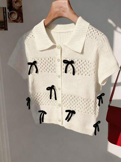 Franclia Women's Spring/Summer Casual Elegant Everyday Versatile Solid Color Collared Straight Shoulder Fit Short-Sleeve Single-Breasted Button-Down Cutout Bow Design Short Knit Cardigan, Bow, Tie, Color Blocking Top, Summer Holiday Outfit, Women's Beach Outfit, Women's Elegant Outfit, Women's Casual Topfashionable Casual Commuter Wear, Business Office Wear, Versatile And Stylish Everyday Casual Wear, Urban Teacher's Professional Attire