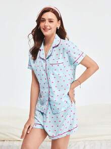 Bonmuse Bộ đồ ngủ mùa hè in hình trái tim nhỏ 2 món cho nữ, áo sơ mi cài nút tay ngắn và quần short, đồ mặc nhà thường ngày cho mùa hè., Bộ đồ hai món - Màu xanh lam - Xem 5