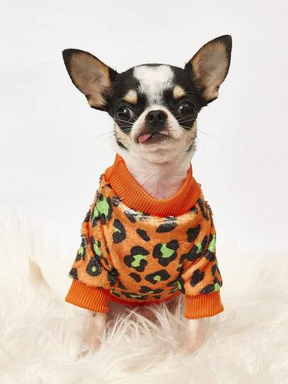 PETSIN 1 sudadera estampada con estampado de leopardo verde, gruesa y cálida para mascotas en otoño e invierno, color naranja