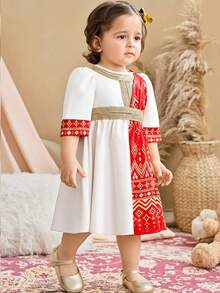 SHEIN Babygirl Elegant & Cute Palace Style Floral Print Color Block Gold Ribbon Long Sleeve Dress - Multicolor - View 7