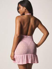 Missguided x Playboy Đầm ngắn cổ yếm khoét sâu với hình thỏ đính đá và viền bèo nhún, thích hợp cho tiệc tùng, đi club hoặc ngày Valentine. - Hồng - Xem 3