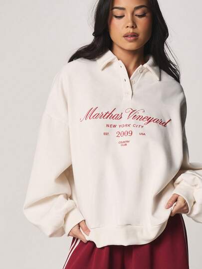 MISSGUIDED Martha's Vineyard NYC Country Club Knappringad Sweatshirt Krämfärgad Överdimensionerad Höst Vinter Krage Tröja Långärmad