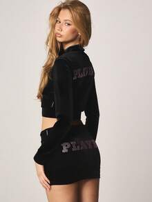 Missguided x Playboy Rhinestone Embellished Fitted Velvet Mini Skirt With Studded Letter Text Design For Night Out - Black - View 5