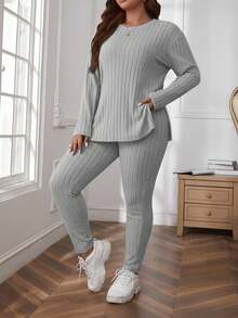 EURMUSE Plus Size Comfortable Knit Ribbed 2 Pieces Set - Light Grey - View 1
