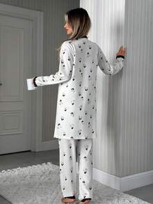 EURMUSE 3pcs Cotton Women Contrast Colour HEART&FLORAL Pattern With Lace Detail Belted Homewear Comfort Lounge Set - White - View 2