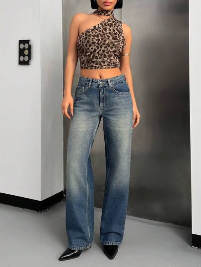 EURMUSE Washed Blue Low Waist Straight Leg Denim Jean Women Loose Jeans Baggy Jeans Oversized Jeans Y2k Jeans Pants Cheetah Print Leopard Print Jeans Top Jean Crop Top