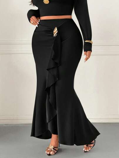 Femmeverse Plus Size Women's Fashionable Ruffled Hem Patchwork Fishtail Skirt