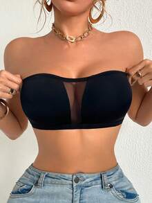 Black One-Shoulder Bandeau Bra, Strapless Lingerie With Mesh Panels - Black - View 8
