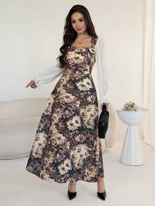 Modelyn 女士春夏针织提花雪纺长袖收腰A字优雅连衣裙 - 彩色 - 查看 5