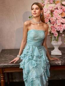 MOTF Soiréza WOMEN'S ELEGANT STRAPLESS MAXI PARTY GOWN – CHEST RUCHING, ASYMMETRIC TIERED RUFFLE HEM & FORM-FITTING SILHOUETTE DRESS, PERFECT FOR WEDDINGS, GALAS & COCKTAIL EVENINGS - Cadet Blue - View 1