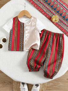 SHEIN Setelan Rompi dan Celana Panjang Model Lentera Motif Geometris Blok Warna untuk Bayi Laki-laki, Warna Putih, Gaya Boho Musim Panas, Pakaian Pesta Ulang Tahun, Formal, Pernikahan, dan Pertunjukan - MultiWarna - View 5