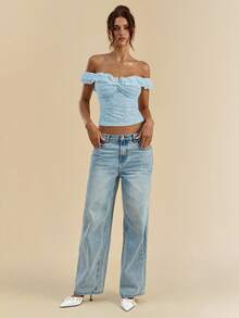 SHEIN BAE Women's White Textured Knit Off-Shoulder Ruffle Front Twist Bodycon Top, Summer Blouse - Baby Blue - View 6