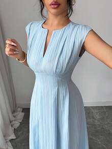 Celisse Elegant V-Neck Short Sleeve A-Line Midi Dress, Casual Waist Cinched Design For Women - Blue - View 5