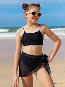 SHEIN Bikini de 3 piezas para niña preadolescente, traje de baño de unicolor de punto con concha bordada, traje de baño de moda para trajes de baño negros para trajes de baño para niñas de 14 años, ropa de verano para vacaciones - Negro - Ver 7