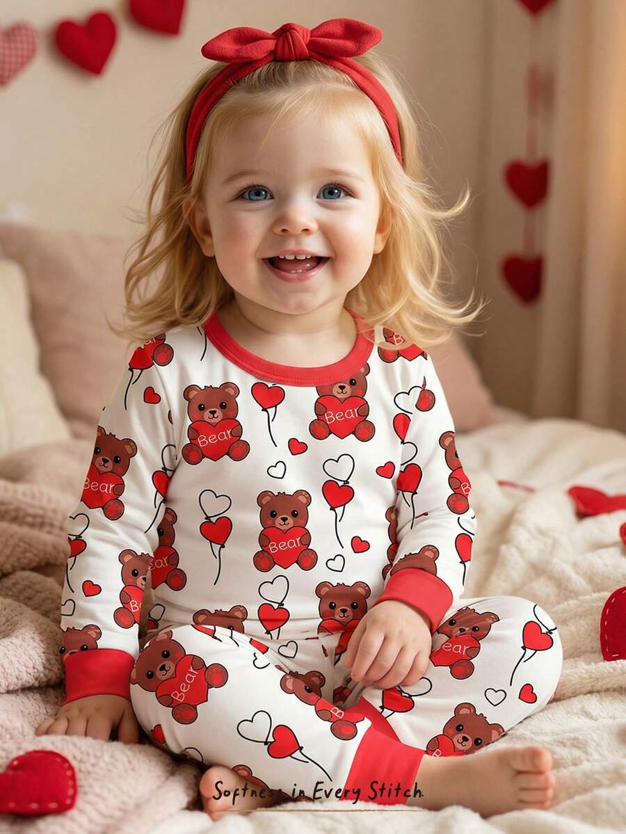 Cozy Pixies Baby Girl Snug Fit Pajama Set, Cartoon Bear & Heart Valentine's Day Pattern, Soft Knit Crew Neck Long Sleeve Top And Elastic Waist Long Pants, Red, Suitable For Loungewear - Red - View 1