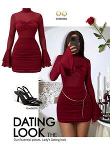 Siren Gaze 2025年情人节红色优雅透视紧身迷你连衣裙（女款） - 酒紅色 - 查看 1