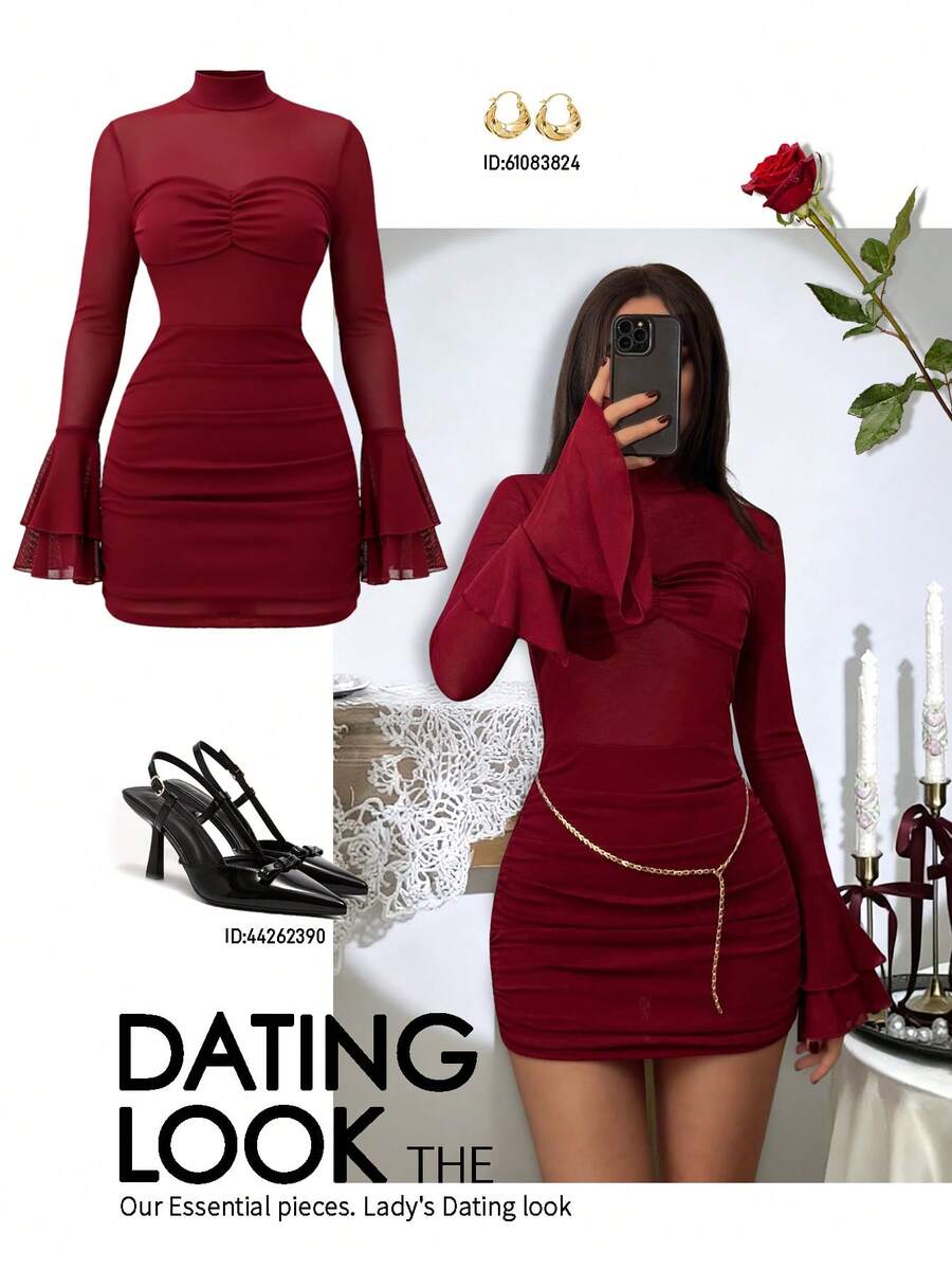 Siren Gaze 2025年情人节红色优雅透视紧身迷你连衣裙（女款） - 酒紅色 - 查看 1