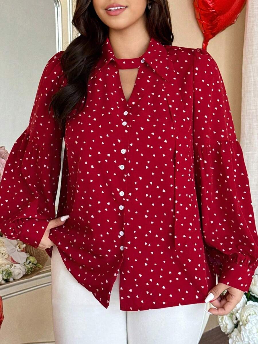 Vionelle Áo sơ mi tay dài in hình trái tim phong cách cổ điển, thiết kế thời trang, phù hợp cho mùa xuân và mùa thu - Đỏ - Xem 1