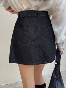 DAZY Women's Regular Waist Pleated Skirt, Casual Denim Mini Skirt - Dark Wash - View 6