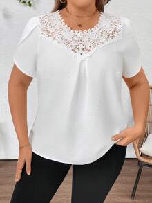EMERY ROSE Plus Size Women's Elegant Lace Hollow Petal Sleeve Round Neck Blouse, Suitable For Work, Spring/Summer - Apricot - View 3