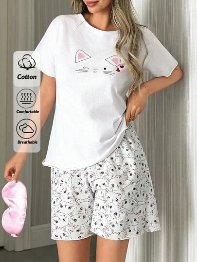 EURMUSE Women 2 Pcs Cute Cat Print Short Sleeved & Cat Pattern Shorts Homewear Cute Pajama Set Women S Pajama Women S Pajama Pants Women Nighty Pajama Sets For Women Summer Women Pj Set Short