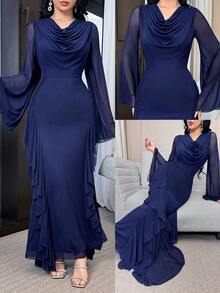 Modelyn 优雅派对纯色喇叭袖连衣裙 - 藏蓝色 - 查看 8