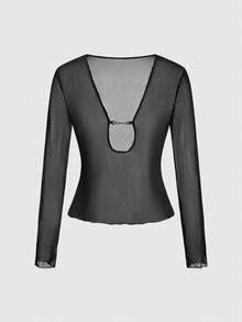 ROMWE Grunge Punk Spring/Summer Dark Punk Sexy Sheer Mesh U-Neck Blouse For Women - Black - View 2