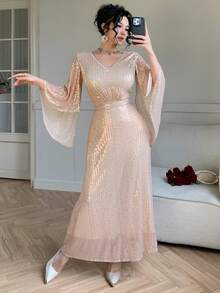 DAZY Women's Elegant Sequin V-Neck Ruffle Sleeve Dress, Summer Carnival Wedding Guest Dress Sparkly Dress Maxi Dress Sundress - Apricot - View 5