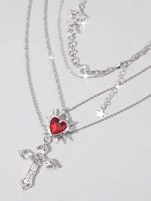 ROMWE Bộ 3 chiếc dây chuyền phong cách Gothic cổ điển đính đầy kim cương, ngôi sao lấp lánh, thánh giá, hình trái tim, thiết kế sáng tạo theo phong cách Châu Âu và Mỹ dành cho nữ, dây chuyền hình học đeo quanh xương quai xanh, dây chuyền phong cách Punk Hip Hop, quà tặng ngày Valentine. - Màu bạc - CC - Xem 1