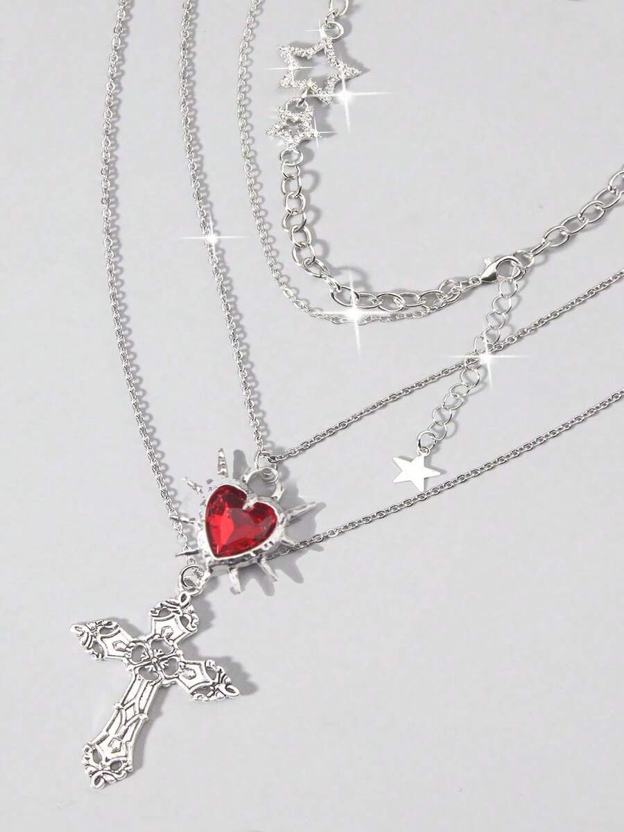 ROMWE Bộ 3 chiếc dây chuyền phong cách Gothic cổ điển đính đầy kim cương, ngôi sao lấp lánh, thánh giá, hình trái tim, thiết kế sáng tạo theo phong cách Châu Âu và Mỹ dành cho nữ, dây chuyền hình học đeo quanh xương quai xanh, dây chuyền phong cách Punk Hip Hop, quà tặng ngày Valentine. - Màu bạc - CC - Xem 1